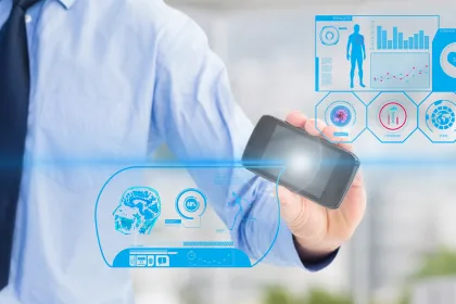 Doctor Holding phone against futuristic screen